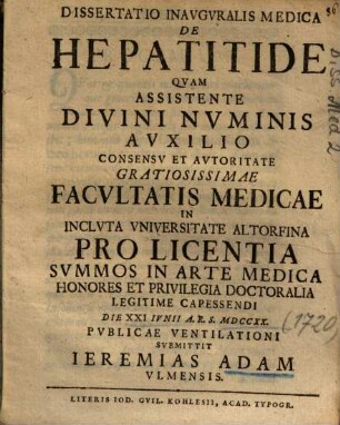 Dissertatio Inavgvralis Medica De Hepatitide