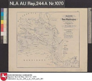 Karte von einem Teil der niederländischen und ostfriesischen Nordseeküste mit Einzeichnung der Emsmündungen Druck von D. A. von Horn Lith. Anstalt Ebeling, Emden Papier auf Leinen Format 35,7x31,5 M 1:150.000 (ca)
