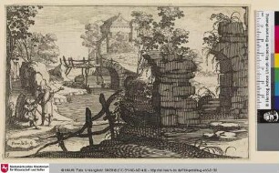 [Landschaft mit Fluss und einer Brücke und zwei Männern]