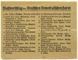 Handzettel mit der Kandidatenliste der Deutschen Demokratischen Partei für die sächsische Landtagswahl 1920