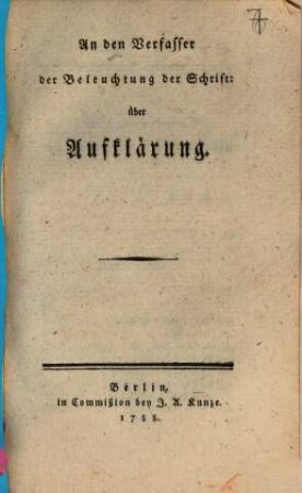 An den Verfasser der Beleuchtung der Schrift über Aufklärung
