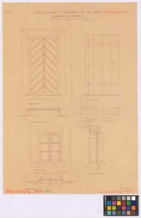 Schönberg in der Heide ([Landkreis Görlitz]): Hammergut. - Wohnhaus, Tür (Außen-Ansicht, Innen-Ansicht, Horizontalschnitt, zwei Profil-Schnitte). - Wohnhaus, Fenster (Ansicht, Horizontalschnitt, Vertikalschnitt)