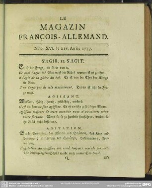 Nro. XVI. le XIV. Août 1777