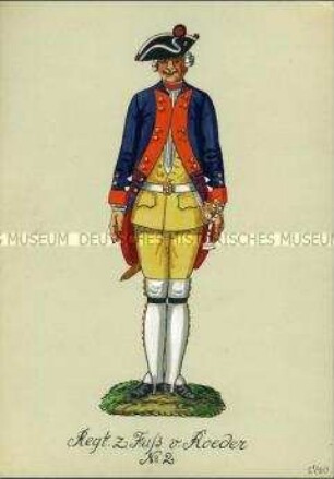 Uniformdarstellung, Gemeiner des Infanterie-Regiments (von Roeder) No. 2, Preußen, 1740.