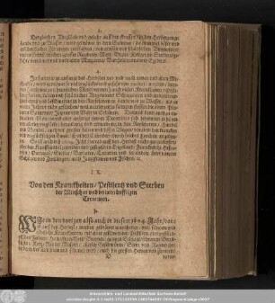 IX. Von den Kranckheiten/ Pestilentz und Sterben der Menschen und unvernünfftigen Creaturen.