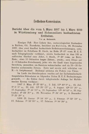 Bericht über die vom 1. März 1897 bis 1. März 1898 in Württemberg und Hohenzollern beobachteten Erdbeben.