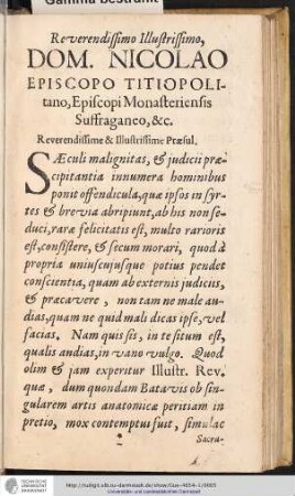 Reverendissimo Illustrissimo, DOM. NICOLAO EPISCOPO TITIOPOLITANO, ...