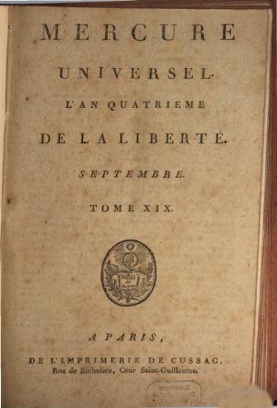 Le Mercure universel. 19. 1792 = Sept.