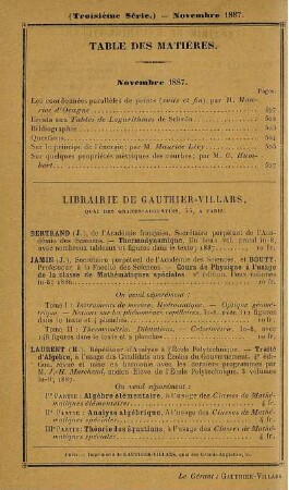 Table des matières. Novembre 1887.