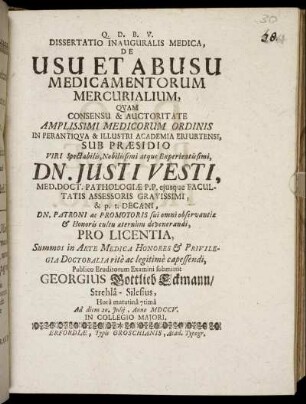 Dissertatio Inauguralis Medica, De Usu Et Abusu Medicamentorum Mercurialium