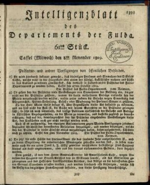 61tes Stueck, (Mitwoch) den 8ten November 1809