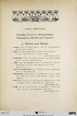Erste Abteilung: Porzellan, Fayence, Wachsarbeiten, Orientalische Metalle und Teppiche (Nr. 1-197)