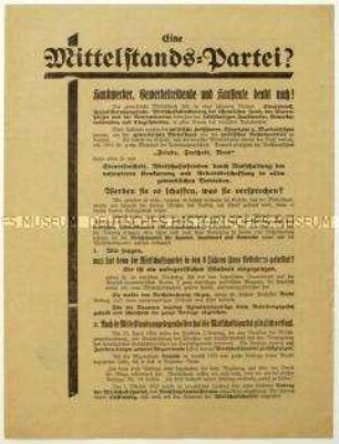 Flugblatt der Deutschnationalen Volkspartei gegen die Wirtschaftspartei und Aufruf zum Beitritt