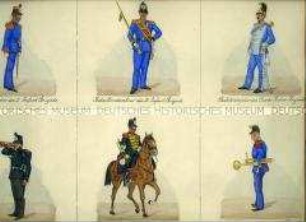 Uniformdarstellung, Musikdirektor der I. Infanterie-Brigade, Bataillonstambour der III. Infanterie-Brigade, Stabstrompeter des Garde-Reiter-Regiments, Signalist der Jäger-Brigade, Trompeter des Fuß-Artillerie-Regiments, Obersignalist der II. Infanterie-Brigade, Sachsen, 1860.