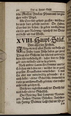 XVIII. Haupt-Stück. Von allerley Fischen