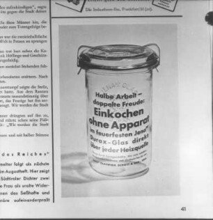Reproduktion einer Zeitungsabbildung "Jenaer Durax-Glas" (1934/1942; Schriftentwurf H. Rose)