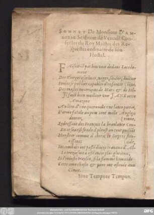 Sonnet De Monsieur D'Amboyse Seigneur de Vezeuil Conseiller du Roy Maistre des Requestes ordinaire den son Hostel.