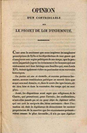 Opinion d'un contribuable sur le projet de loi d'indemnité