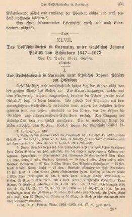 451-462 Das Volksschulwesen in Kurmainz unter Erzbischof Johann Philipp von Schönborn 1647-1673 : Schluß