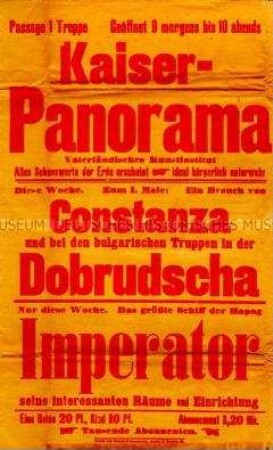 Maueranschlag mit Werbung für Vorführungen im Kaiserpanorama über Constanza u.a.