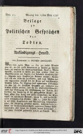 Beilage zu Politischen Gesprächen der Todten. Ankündigungs-Herold. Nro. 42