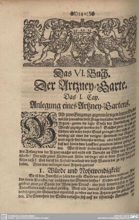 Das I. Cap. Anlegung eines Artzney-Gartens.