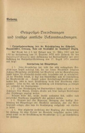Anhang. Ortspolizei-Verordnungen und sonstige amtliche Bekanntmachungen