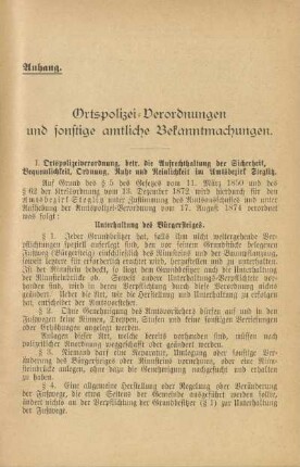Anhang. Ortspolizei-Verordnungen und sonstige amtliche Bekanntmachungen