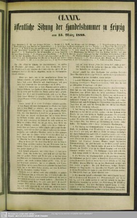 CLXXIX. öffentliche Sitzung der Handelskammer zu Leipzig am 13. März 1888