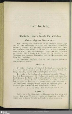 Lehrbericht. I. Städtische Höhere Schulen für Mädchen