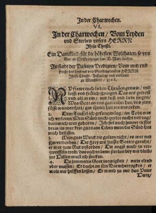 VI. In der Charwochen/ Vom Leyden und Sterben unsers Herrn Jhesu Christi.