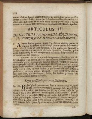 Articulus III. De Gravium Fluidorum Æquilibrio, Ubi Hydrostaticæ Principia Stabiliuntur.