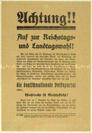 Aufruf der Deutschnationalen Volkspartei zur Reichstags- und zur preußischen Landtagswahl am 7. Dezember 1924