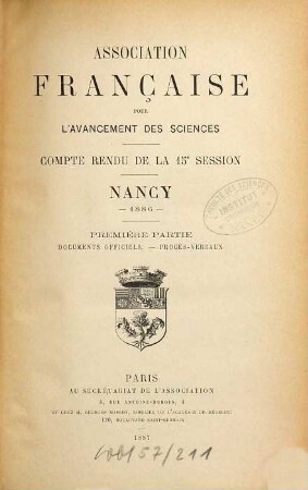 Comptes rendus de la ... session. 15. 1886 (1887), Partie 1
