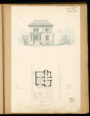 Villa Monatskonkurrenz Februar 1875: Lageplan mit Grundriss 1:150, Aufriss Vorderansicht 1:100; 2 Maßstabsleisten