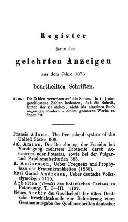 Register der in den gelehrten Anzeigen aus dem Jahre 1876 beurteilten Schriften.