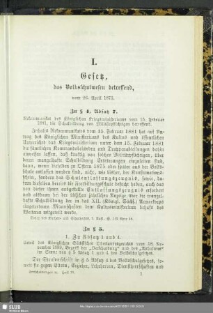 I. Gesetz, das Volksschulwesen betreffend : vom 26. April 1873