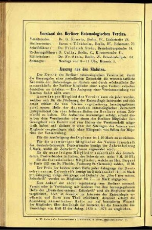 Vorstand des Berliner Entomologischen Vereins - Auszug aus den Statuten