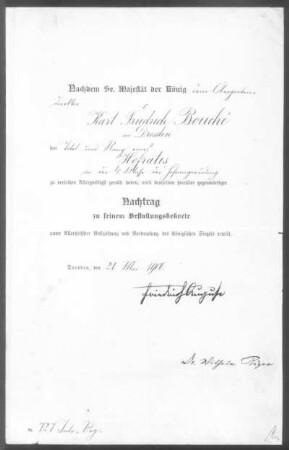Nachtrag zum Bestallungsdekret für Obergartendirektor Karl Friedrich Bouché, mit königlichem Siegel; Dresden, den 21. Mai 1906 : Nachtrag zum Bestallungsdekret für Obergartendirektor Karl Friedrich Bouché, mit königlichem Siegel; Dresden, den 21. Mai 1906. Autograph/Druck; 328 x 419 mm. Dresden: Privatbesitz