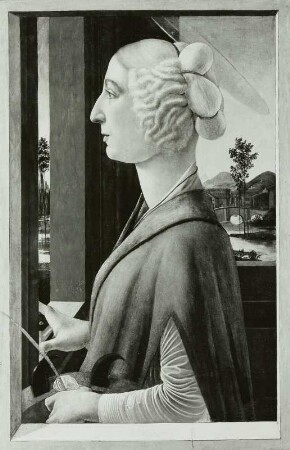Bildnis einer jungen Frau im Profil, mit den später hinzugefügten Attributen der heiligen Katharina. (Caterina Sforza?)