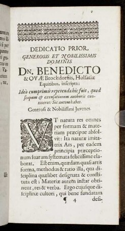 Dedicatio Prior. Generosis Et Nobilissimis Dominis Dn. Benedicto & Ovæ Brochdorfiis, Holfsatiæ Equitibus [...]
