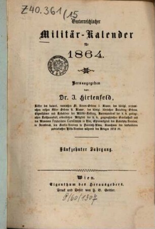 Oesterreichischer Militär-Kalender. 15, 15. 1864
