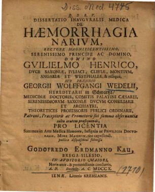 Dissertatio Inavgvralis Medica De Haemorrhagia Narivm