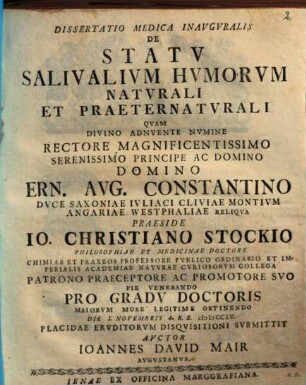 Diss. med. inaug. de statu salivalium humorum naturali et praeternaturali