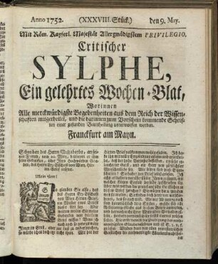 (XXXVIII. Stück.) den 9. May. Anno 1752.