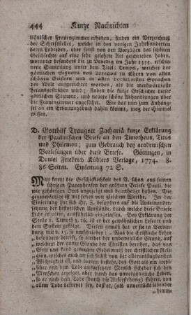 Kurze Erklärung der Paulinischen Briefe an den Timotheus, Titus und Philemon.