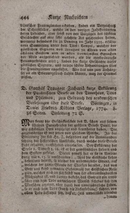 Kurze Erklärung der Paulinischen Briefe an den Timotheus, Titus und Philemon.