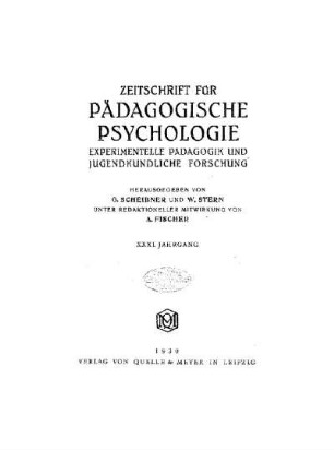 31: Zeitschrift für pädagogische Psychologie und Jugendkunde - 31.1930