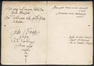 Handschriftliche Widmung von Tycho Brahe vom 26. Oktober 1598 aus: Brahe Tycho: Astronomiae instauratae progymnasmata. 1603. Dresden: SLUB Astron.221,1