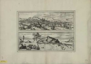 Ansichten von Burgos und Donostia-San Sebastián,Spanien, Kupferstich, um 1593 : Bvrgos / [Stecher: Franz Hogenberg ?. Hrsg.: Georg Braun]. - [Coloniae Agrippiae] : [Auctores] , [um 1593]. - 2 Vogelschauansichten auf 1 Bl. : Radierung ; Bildgr. 46 x 34 cm +++ Auch ersch. in: Civitates orbis terrarvm; Pars 1/2